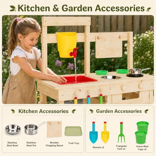 Wooden Outdoor Mud Kitchen for Kids, Waterproof Solid Wood Play Kitchen with Removable Faucet, Sink, Cutting Board, Toy Pots, Soil Cups, Magnetic Door and Storage Shelf