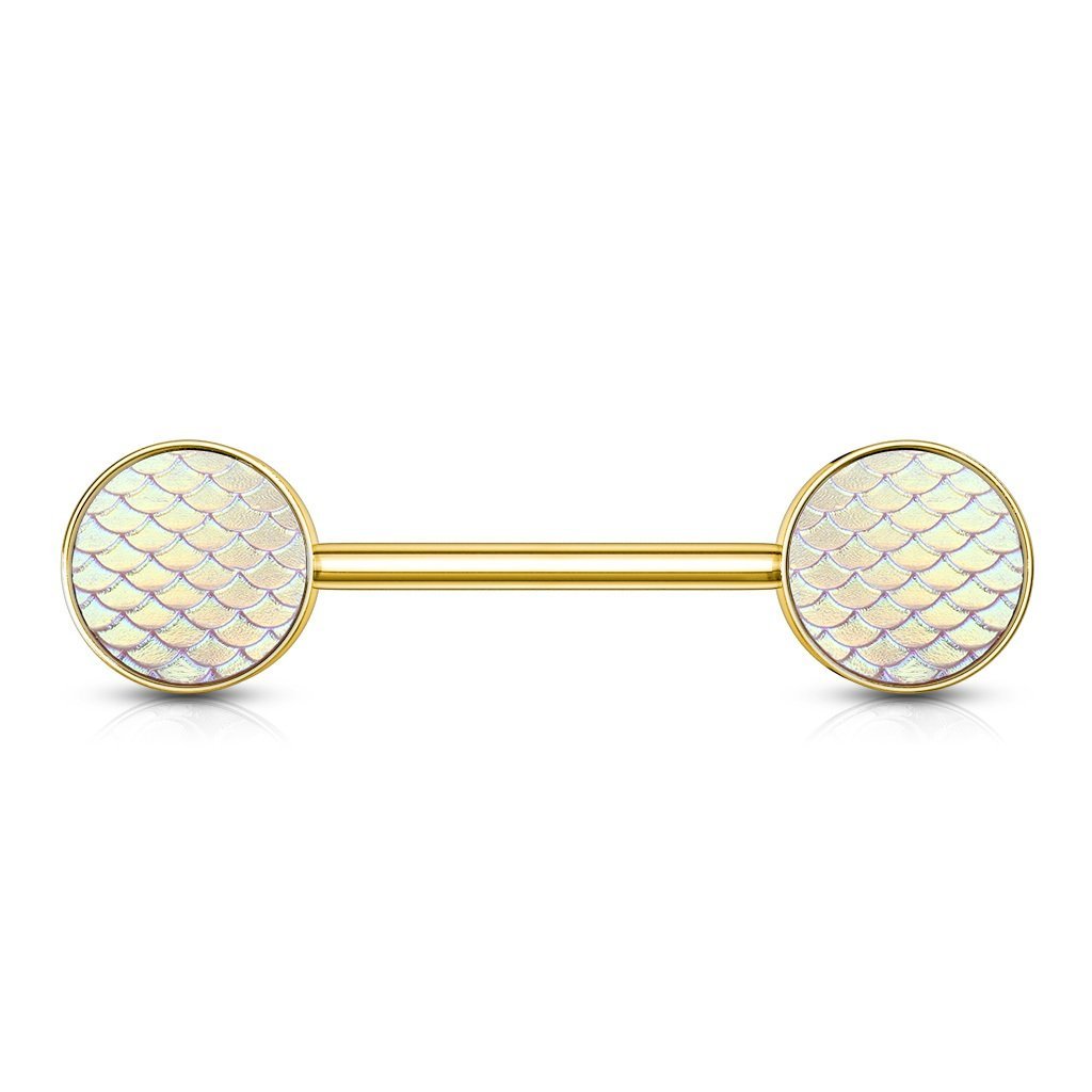 PiercedOff Gold Tone IP over 316L Surgical Steel 1.6mm Nipple Bar with Pink Holographic Dragon Scales - Bar Length 14mm