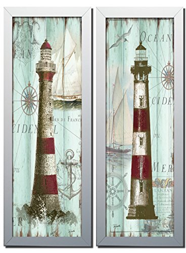 Antique La Mer | Lovely Nautical Ocean Striped Lighthouse Panels by Tre Sorelle Studios; Coastal Decor; Two white framed 6x18in Prints; Ready to hang!
