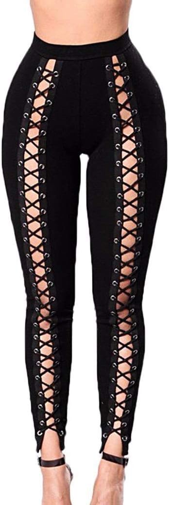 Tobo Digital Women's Lace up Leggings Front Hollow Out Stretch Skinny Pants High Waist Leggings Narrow Trousers Black (Size L)