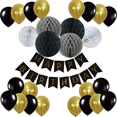Recosis Happy Birthday Bunting Banner with 20 Pieces Latex Party Balloons and 6 Pieces Honeycomb Balls for Birthday Party Decorations (Black)