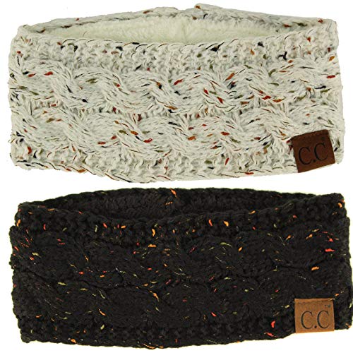 Winter CC Warm Fuzzy Fleece Lined Thick Knit Headband Headwrap Hat Cap Black/Ivory 2 Pack Combo