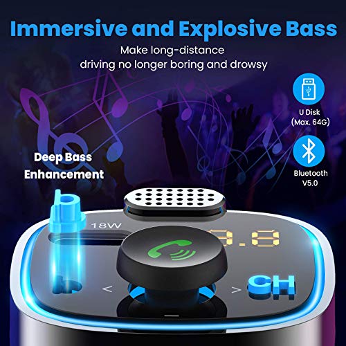 VicTsing BH-477 V5.0 FM Transmitter for Car, QC3.0+PD18W Wireless Char-ger Audio Adapter, Bass Sound Music Player, Hands-Free Calling Radio Receiver with 3 USB Ports