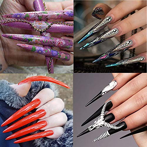 221 Pieces Extra Long Stiletto False Nails 12 Sizes Artificial Nails Tips with Nail Files for DIY Nail Manicure Nail Salon Teaching Practice and Performances (Clear Long Nail)