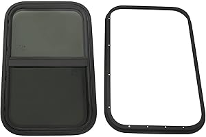 VPABES 24”x 15”RV Window with Screen and Mounting Trim Ring Camper Window Replacement Black Tempered Glass Trailer Windows for RV Teardrop Horizontal Slide