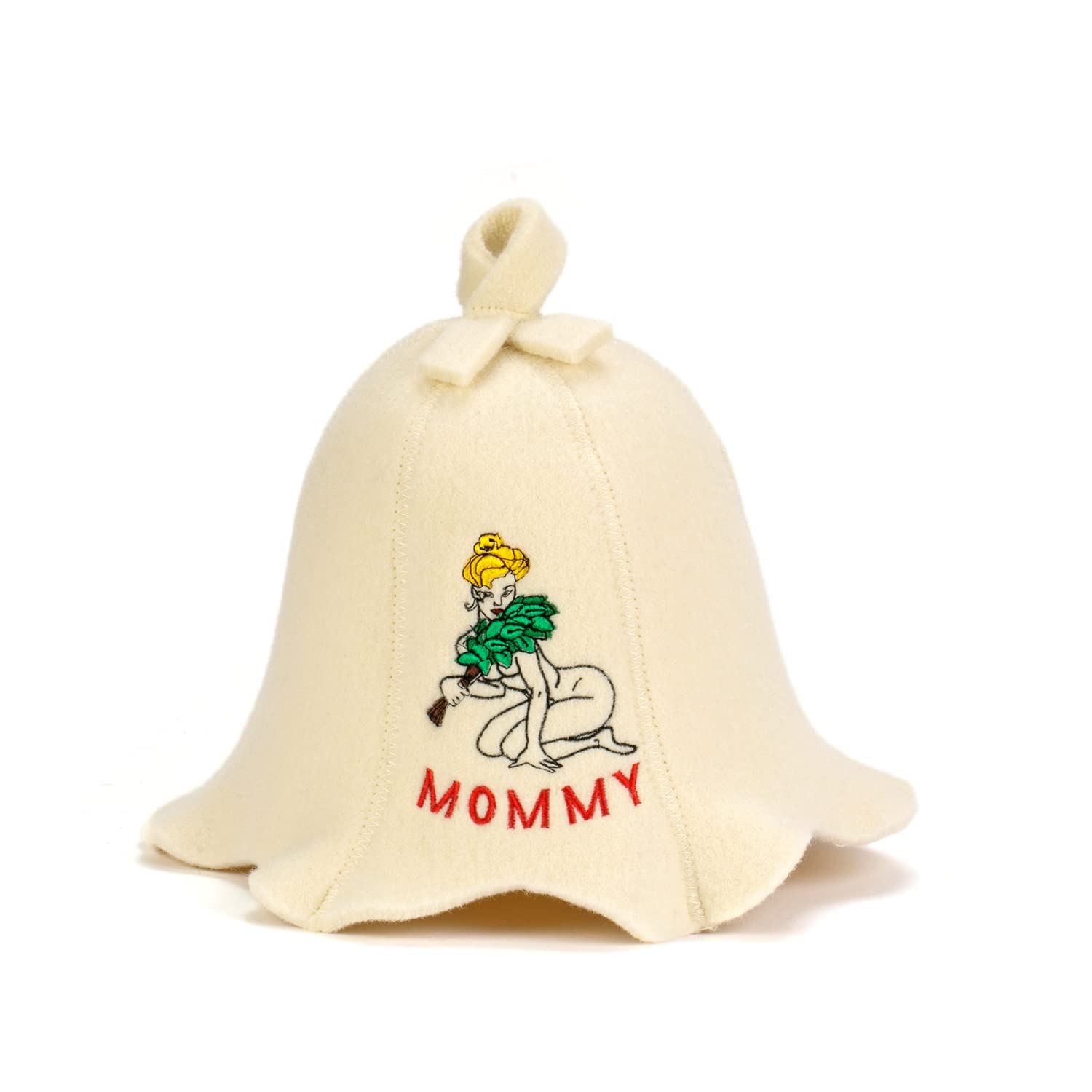 Natural Textile Sauna Hat 'Sauna Mommy' White - 100% Organic Wool Felt Hats for Russian Banya - Protect Your Head from Heat - English Sauna eBook Guide Included - with Embroidery