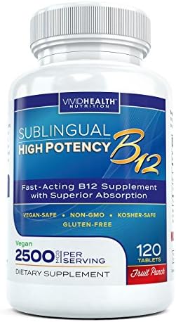 Fast Dissolving Sublingual Vitamin B12 Supplement with 2500 mcg Methylcobalamin by Vivid Health Nutrition - Bioavailable, Vegan Safe and Non-GMO - 120 Fruit Punch Flavored Sublingual Tablets