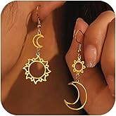 Celestial Sun and Moon Earrings for Women Asymmetry Moon Star Dangle Drop Earrings Minimalist Stainless Steel Statement Charm Jewelry