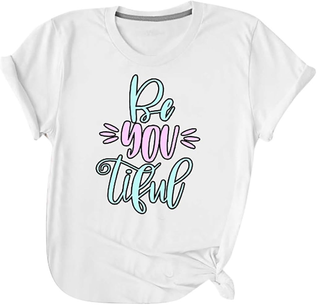 LIM&SHOP Women's Summer Casual Cute Graphic Letter Print Cotton Short Sleeve Crew Neck Loose T-Shirt Tees Cotton Tops