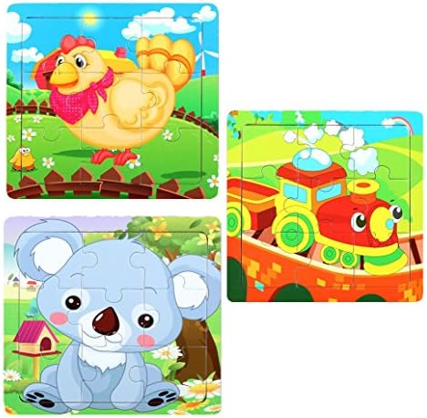 WELLSKEY Wooden Peg Puzzles Set of 3 (Train, Chicken, Koala)