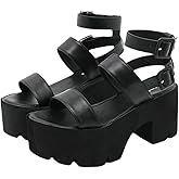 Agodor Women's Goth Platform Sandals Ankle Strap Chunky High Heels Open Toe Slingback Roman Gladiator Shoes (US 7, black style2)