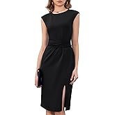 Dressystar Women's Crew Neck Belted Side Slit Business Work Office Dress 2026 Cap Sleeve Sheath Midi Church Dresses