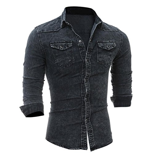 kaifongfu Men's Shirts Retro Denim Shirt Cowboy Blouse Slim Thin Long Tops Blouse (Black, L)