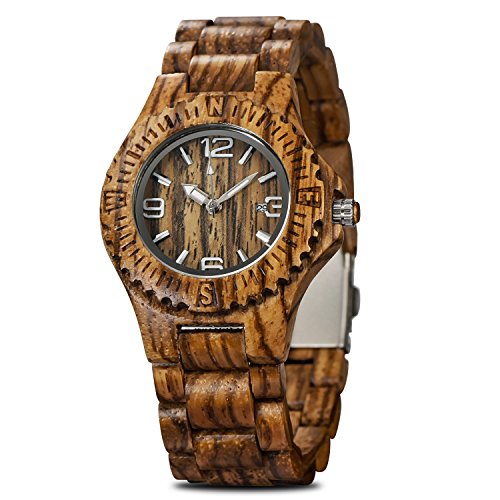 CUCOL Women's Zebra Wood Watch Analog Quartz Lightweight Date Display Handmade Wooden Wristwatch with Gift Box