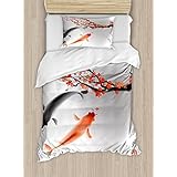 Ambesonne Japanese Duvet Cover Set Twin Size, Koi Carp Fish Couple Swimming with Cherry Blossom Sakura Branch Culture Design Picture, A Decorative 2 Piece Bedding Set with 1 Pillow Sham, Orange Grey
