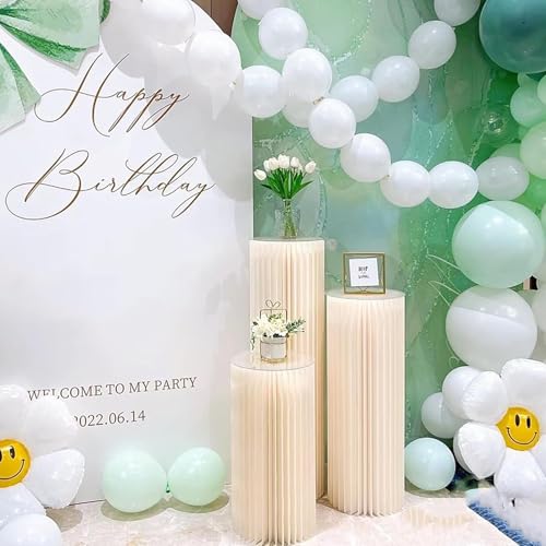 3Pcs Cardboard Cylinder Stands, Foldable Round Pedestal Columns, Plinth Pillars Table for Birthday Party Wedding Ceremony Baby Shower Display Decoration, White