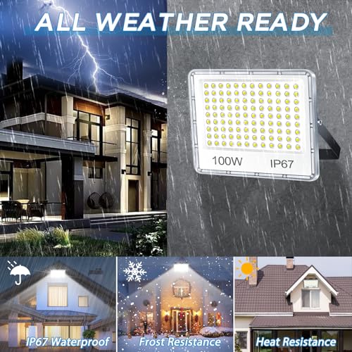 YIQIBRO 100W LED Outdoor Spotlights 2 Pieces, 10000LM 6500K Super Bright Cool White Outdoor LED Lights, IP67 Waterproof Projector for Garden, Terrace, Garage, Warehouse, Factory, Workshop