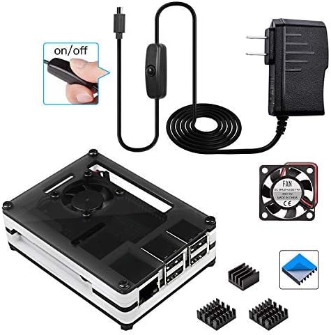 Smraza Raspberry Pi 3 B+ Case with Power Supply Adapter w/ON Off Switch+ Mini Fan + Alumninum Heatsinks, Works for Raspberry Pi 3b Plus 3 Model B+