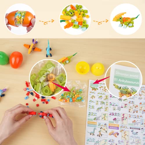 Tideme 12Pcs Prefilled Easter Eggs, Easter Baskets Stuffers with Dinosaurs Building Blocks, Dinosaur Surprise Egg Toys for Kids Easter Egg Hunt, Easter Party Favors, Classroom Event Prizes