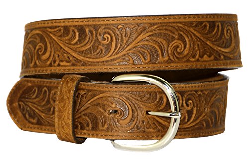 Men's Western Scroll Leather Belt, BROWN, Size 42