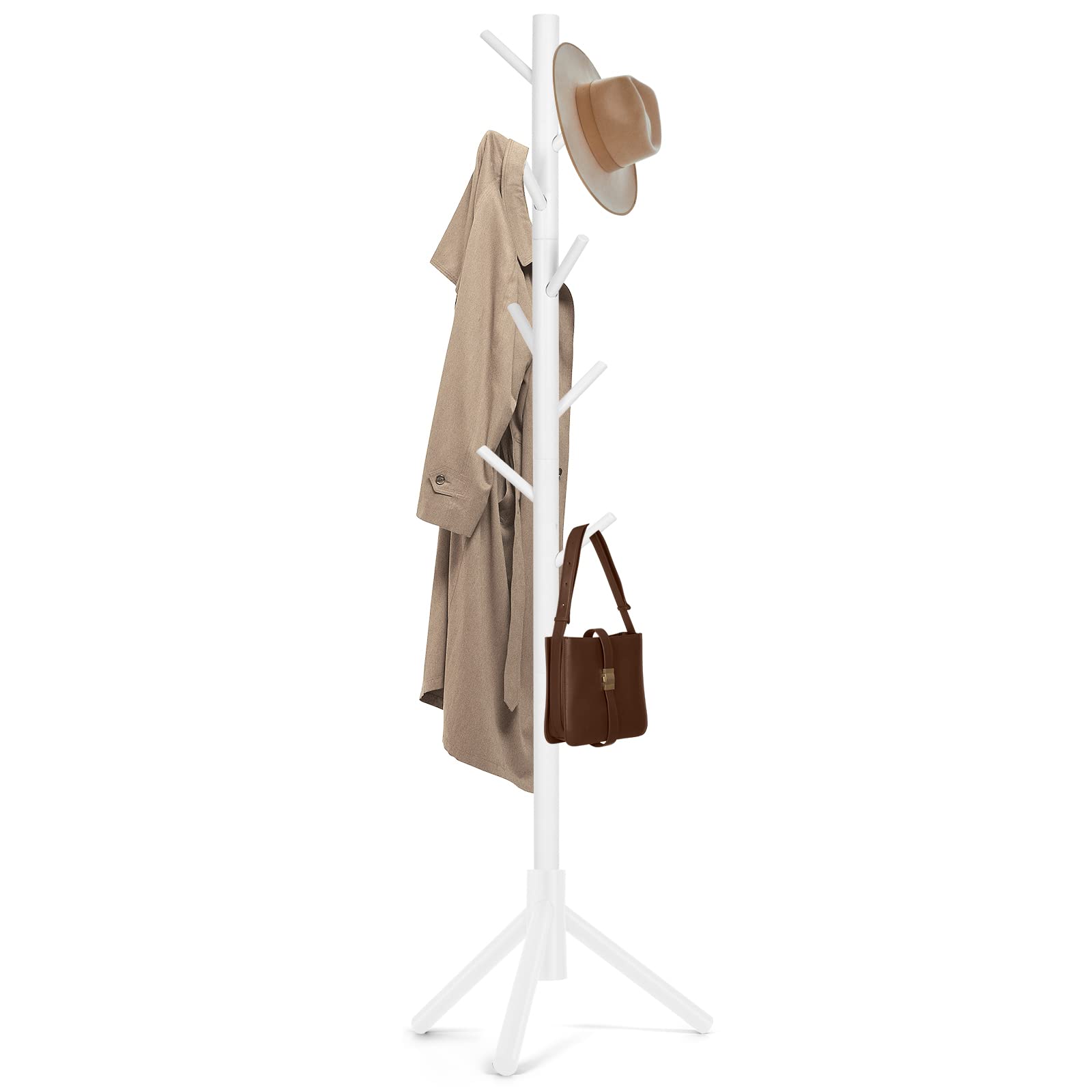 Photo 1 of Freyawin Solid Wooden Coat Rack Freestanding, New Zealand Pine Coat Tree with 8 Hooks & 3 Adjustable Sizes for Coats, Hats, Handbags and Scarves, Space Saving for Entryway/Office/Bedroom (White)