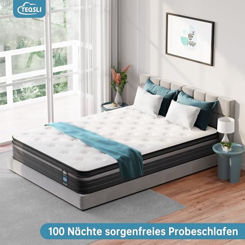 TeQsli Gel Pocket Spring Mattress 90 x 200 cm, 25 cm Height H3 Hardness, Ergonomic 9-Zone Mattress, Orthopaedic Spring Mattress with Gel Memory Foam, Oeko-Tex & CertiPUR Certified