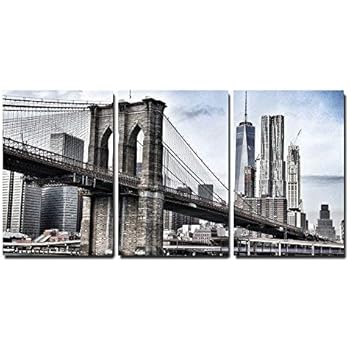 wall26 - 3 Piece Canvas Wall Art - Brooklyn Bridge in Vintage Color,New York - Modern Home Decor Stretched and Framed Ready to Hang - 16