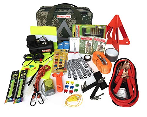 BLIKZONE Auto Roadside Assistance Car Kit Camo 81 Pc for Vehicle Emergency: Portable Air Compressor, Jumper Cables, Tire Repair Kit, Led Flash Light and All Essential Tools to Travel and Drive Safely