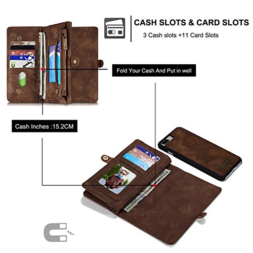 TOPWOOZU iPhone 7Plus Wallet Case, Zipper Wallet Leather Detachable Magnetic Removable Case Purse Clutch Back Flip Credit Card Holder Cover Case for iPhone 7Plus/7Pro 5.5inch