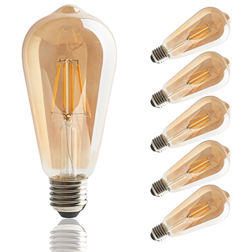 ST64 LED Edison Bulbs, 4W Vintage LED Filament Light Bulb，Dimmable LED Light Bulb, Amber Glass Cover,2700K, Antique Style, e26 Medium Screw Base，6 Pack
