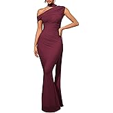 CurvySweet Women's One Shoulder Formal Evening Gown Built-in Bra Ribbon Elegant Bodycon Mesh Ruched Maxi Dress