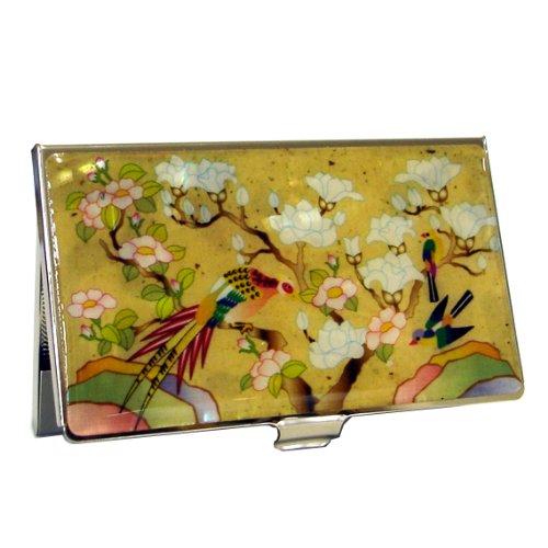 Mother of Pearl RFID Blocking Protection White Magnolia Flower Bird Design Yellow Business Credit Name ID Card Holder Case Metal Stainless Steel Engraved Slim Purse Pocket Cash Money Wallet