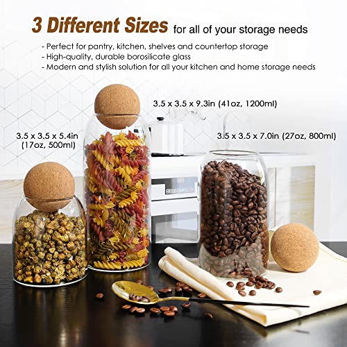 Glass Storage Jars with Cork Lid Ball 3 Pack, Clear Canisters with Air Tight Wood Cork Lid