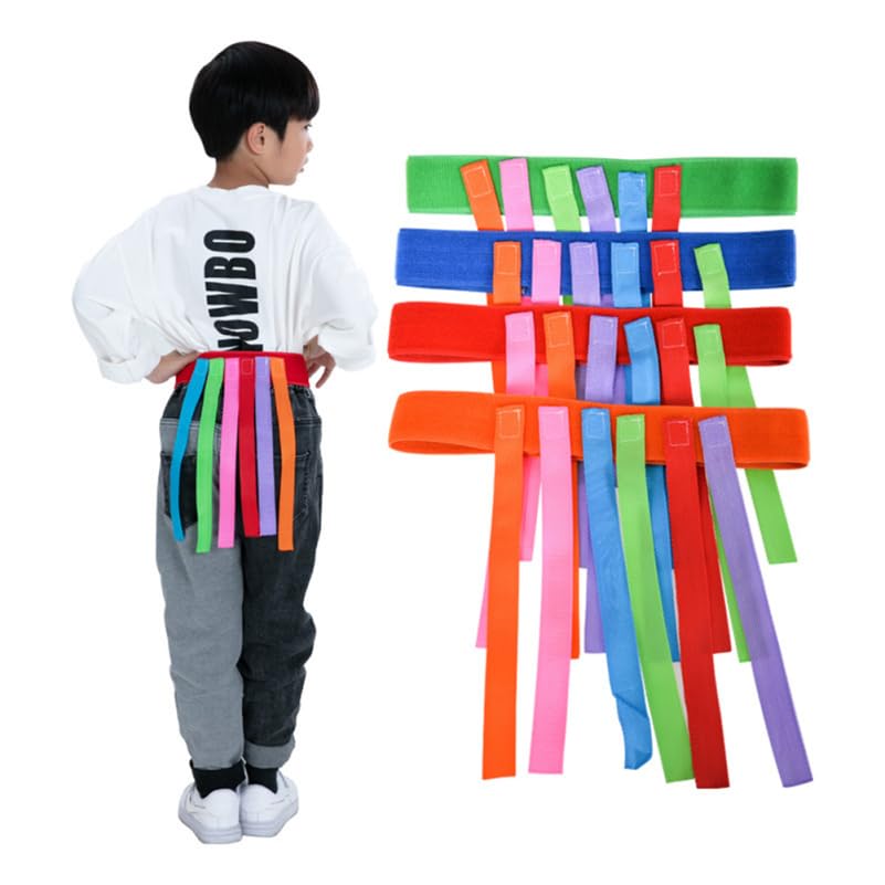 BESTonZON Kids Tail Catch Game Belts Set - 8 Pcs Oxford Waistbands for Outdoor Indoor Active Play Educational Pull Tail Toy for Boys and Girls Tag Rugby Belts
