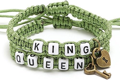 Shlonger Couple Cuff Stretch Bracelets Handmade Key and Lock Braided King and Queen for Lover Letter Rope 2PCS Green