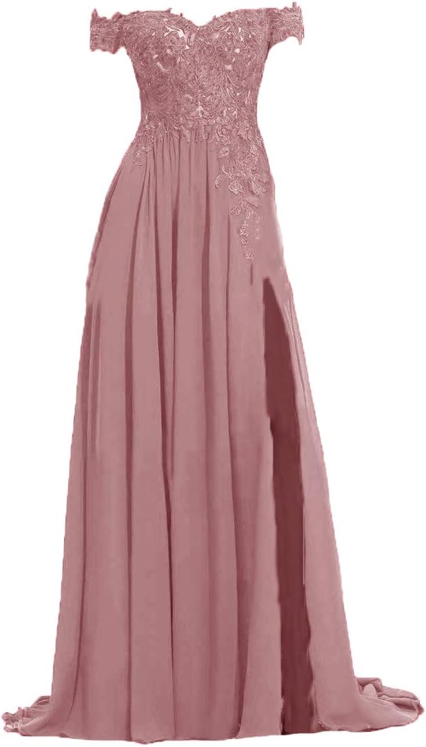 Women's Off Shoulder Prom Dresses Slit Lace Chiffon Long Formal Evening Gowns