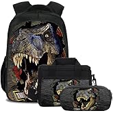AMYATLIY 3 in 1 Dinosaur School Backpack Set for Kids Boys Rucksack Books Bag Girls Backpack with Lunch Bag and Pencil Case (Pattern 2), Medium