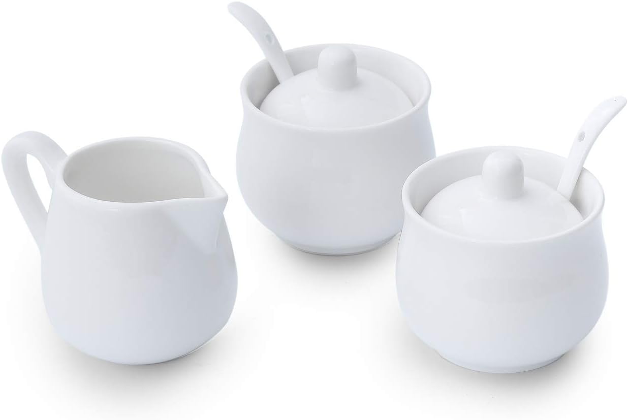 8 Ounces White Ceramic Creamer and Sugar Set,2 Pcs Sugar Bowl with Lid and Spoon,1 Pcs Cream