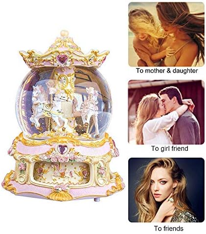 HIOTECH Rococo Style Rotate Music Box with Light (6 Colors) Changing, 3-Horse Luxury Carousel Crystal Ball Toy with Castle in The Sky Tune Perfect for Birthday Gift Valentine's Day (Gold)