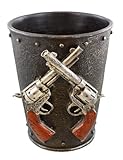 Double Pistol & Faux Cast Iron Waste Basket / Trash Can - Western Gun Revolver Six Shooter