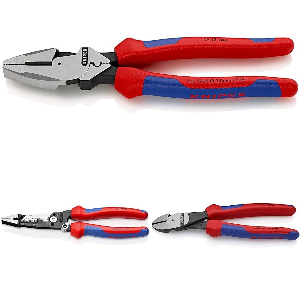 Knipex 09 12 240 9.5-Inch Ultra-High Leverage Lineman's Pliers with Fish Tape Puller and Crimper & Forged Wire Stripper, 8-Inch & Comfort Grip High Leverage Angled Diagonal Cutter, 8-Inch Image