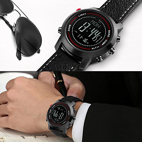 Men Digital Watches with Compass Pedometer Altimeter Barometer Black Leather Band