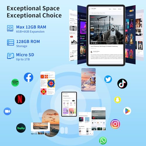 Android 14 Tablet with Keyboard, 12GB RAM (6+6), 128GB Storage, 1TB Expandable, 8000mAh Battery, 10 Inch 2-in-1 Tablets, Includes Case, Mouse & Stylus（Black Case）