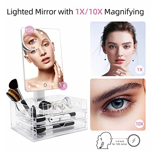 COSMIRROR Lighted Makeup Vanity Mirror with 10X Magnifying Mirror and Organizer Tray, 21 LED
