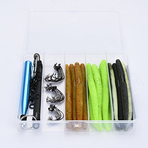 HILLPOW Wacky Worm Kits, 1 Wacky Rig Tool (Blue), (12) 5.2 Senko Soft Baits (Black+Brown), 20 Wacky Rig O-Rings (13.5cm, Kit5)