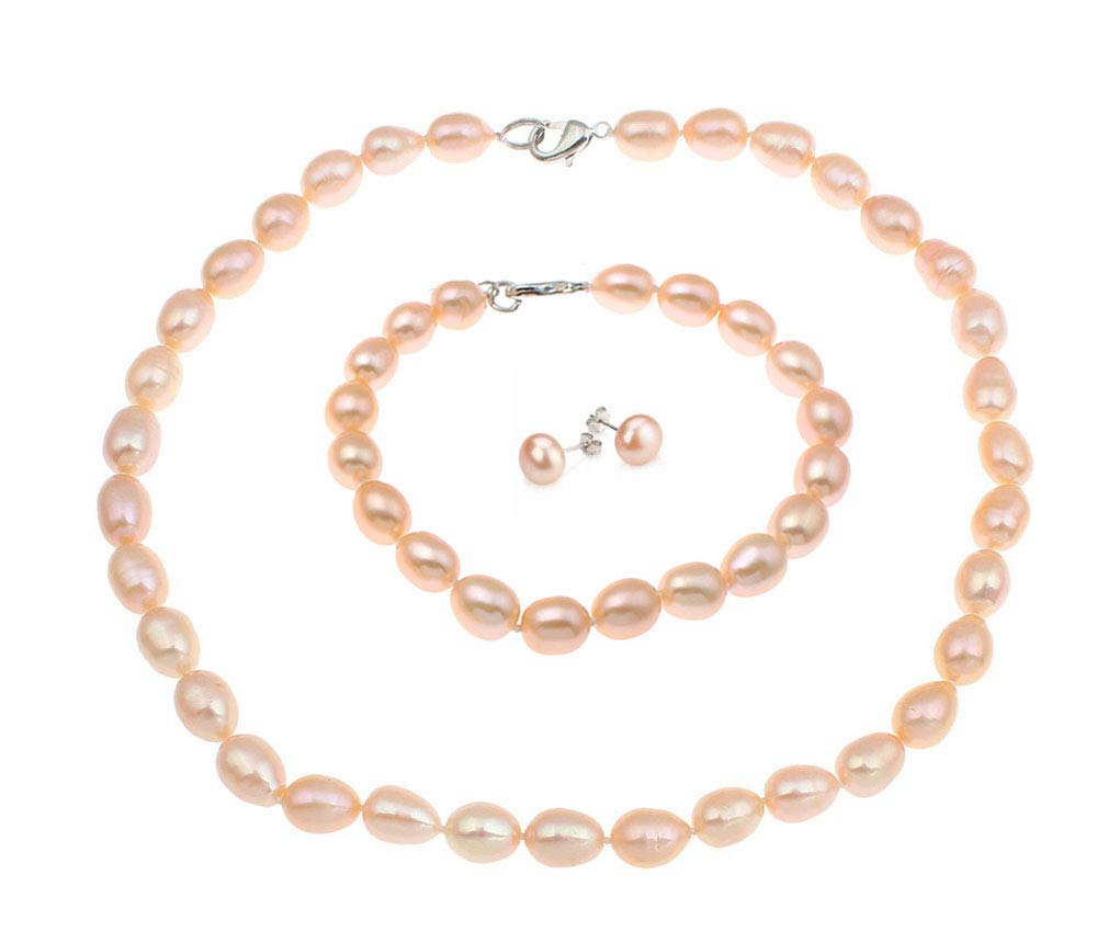 FAB Elegant 8mm Rice Shape Freshwater Pearl Necklace Bracelet and earrings Tri Set (Pink)
