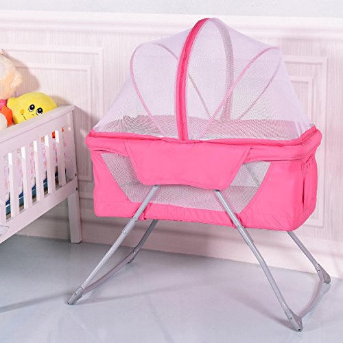 Costzon Baby Bassinet, Lightweight Foldable Rocking Bed with Mosquito Net & Carrying Bag (Pink)