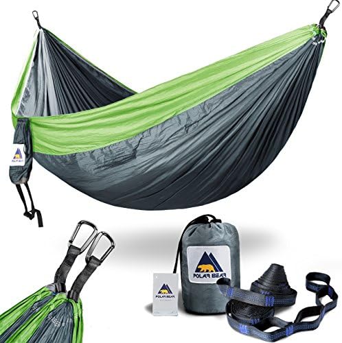 Outdoors Portable Lightweight Single &amp; Double Camping Hammocks with Stretch Resistant Parachute Nylon Ropes and Steel Carabiners for Backpacking, Travel, Beach, Hiking, Yard Upgraded Grey &amp; Lime Green