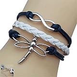 JQUEEN Cute Silver Dragonfly Infinity Charms Braided Leather Rope Wrap Around Bracelet
