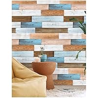 HaokHome 92057 Peel and Stick Shiplap Wallpaper Wood 17.7"x 9.8ft Brown/White/Blue Vinyl Self Adhesive Contact Paper Decorative